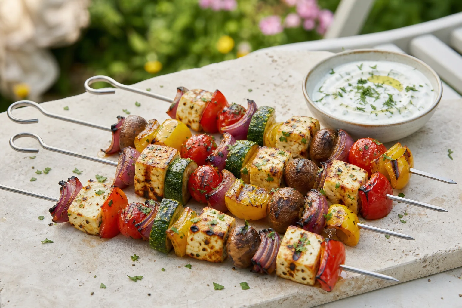 Špízy s halloumi, cuketou, paprikou a cibulí